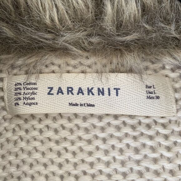 Zara Cardigan Sweater Women L Beige Knit Brown Fur Mob Wife Glam Preppy Boho - Picture 3 of 12